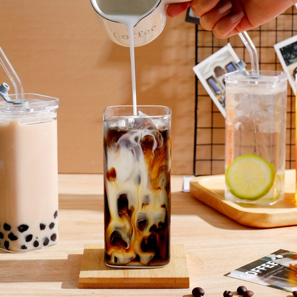 Square Glass Cup Drinkware Set, 13oz Clear Cups with Lids, Straws and Cleaning Brush in 4, 6 or 8 Pieces