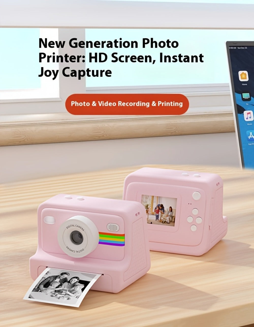 Instant Print Digital Camera with 1-Second Photo Printing, 1080P HD Screen, Selfie & Video Camera