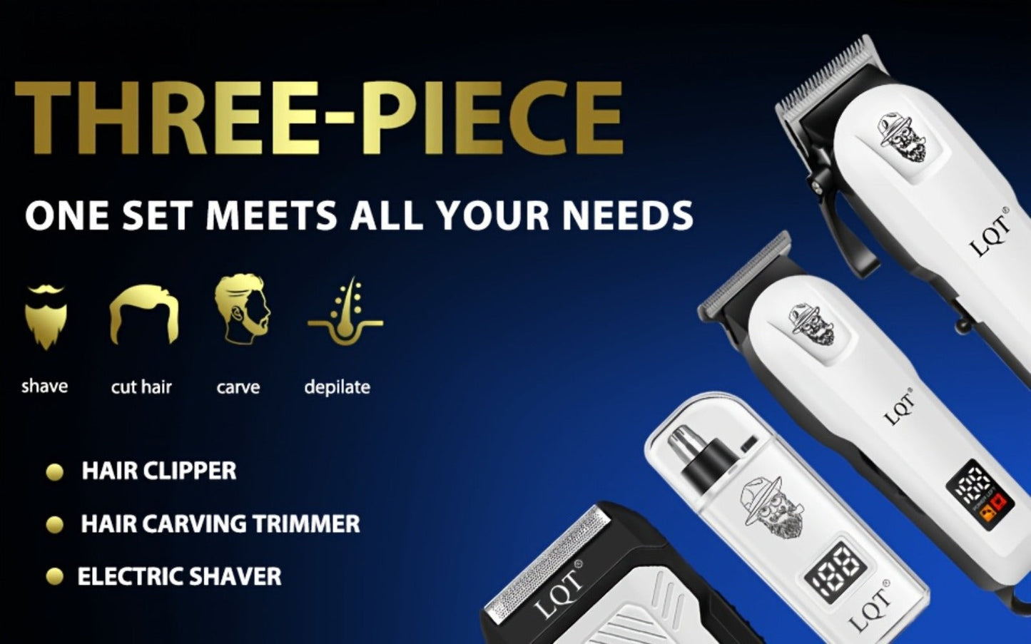 LQT White Hair Clipper Set with Digital Displays, USB Charging and Choice of 2-, 3- or 4-Piece Kits