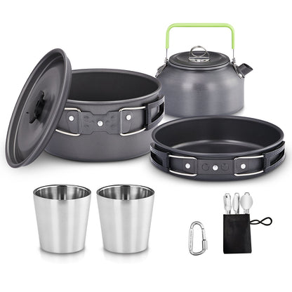 Camping Cookware Set, 19- or 27-Piece Coated Aluminum Mess Kit with Pot, Pan, Kettle, Cups, Plates and Cutlery