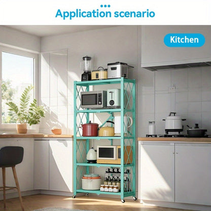 Three-to-Five-Tier Foldable Storage Rack with Carbon Steel Frame, Lockable Wheels and Three Colors