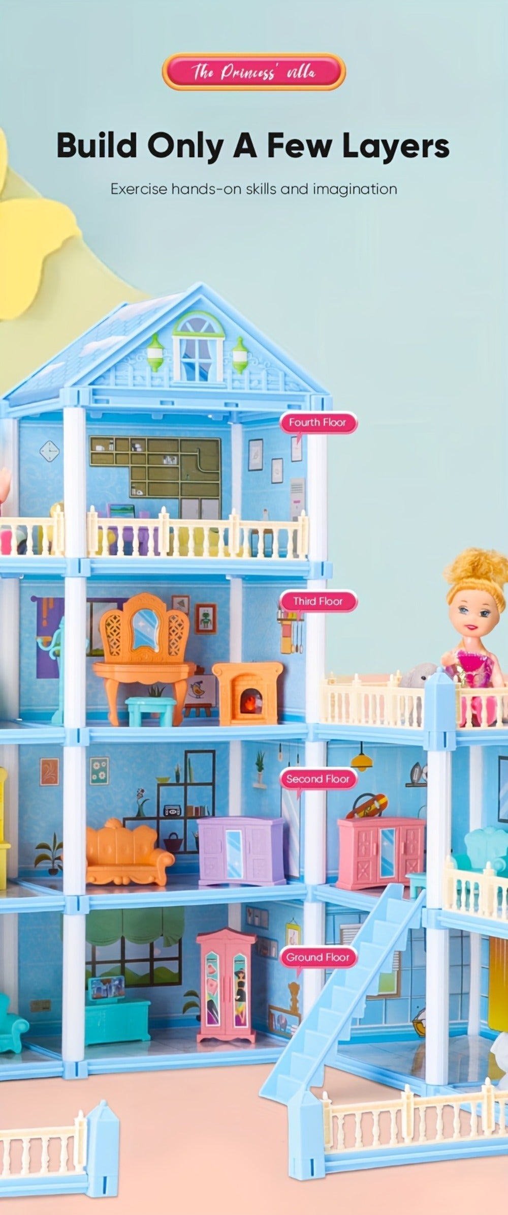 Princess Doll House Castle with Furniture & Accessories, Pink or Blue Mini Villa Playset 14 to 27 Rooms