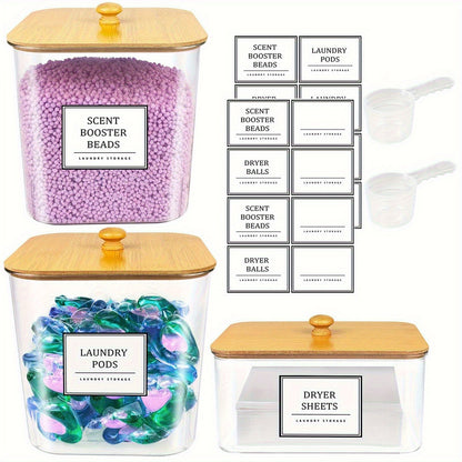 Laundry Pods Container & Dryer Sheet Holder Set with Bamboo Lids, Clear Laundry Room Organization Containers for Scent Booster, Powder