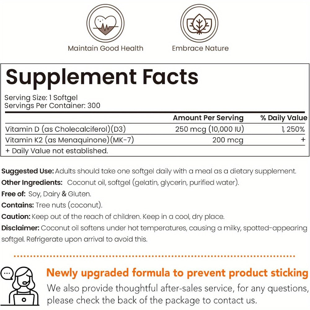 Vitamin D3 K2 MK-7 300 Softgels Value Size, 10000 IU D3 + 200mcg K2 with Extra Virgin Coconut Oil for Bone Density Immune & Heart Health