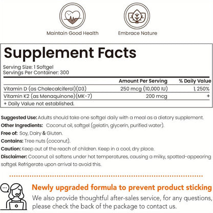 Vitamin D3 K2 MK-7 300 Softgels Value Size, 10000 IU D3 + 200mcg K2 with Extra Virgin Coconut Oil for Bone Density Immune & Heart Health