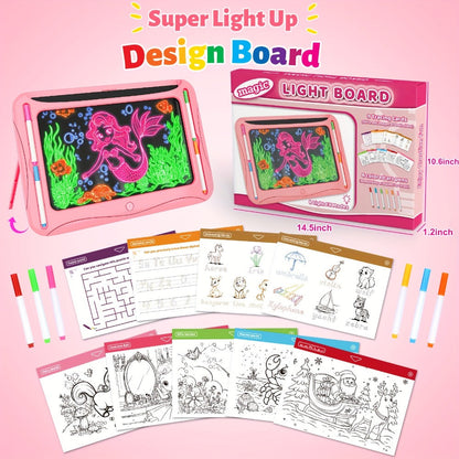 LED Light Up Drawing Board for Kids, 9 Double-Sided Tracing Cards 6 Markers Glow Doodle Travel Art Toy for Girls Boys Ages 3-8