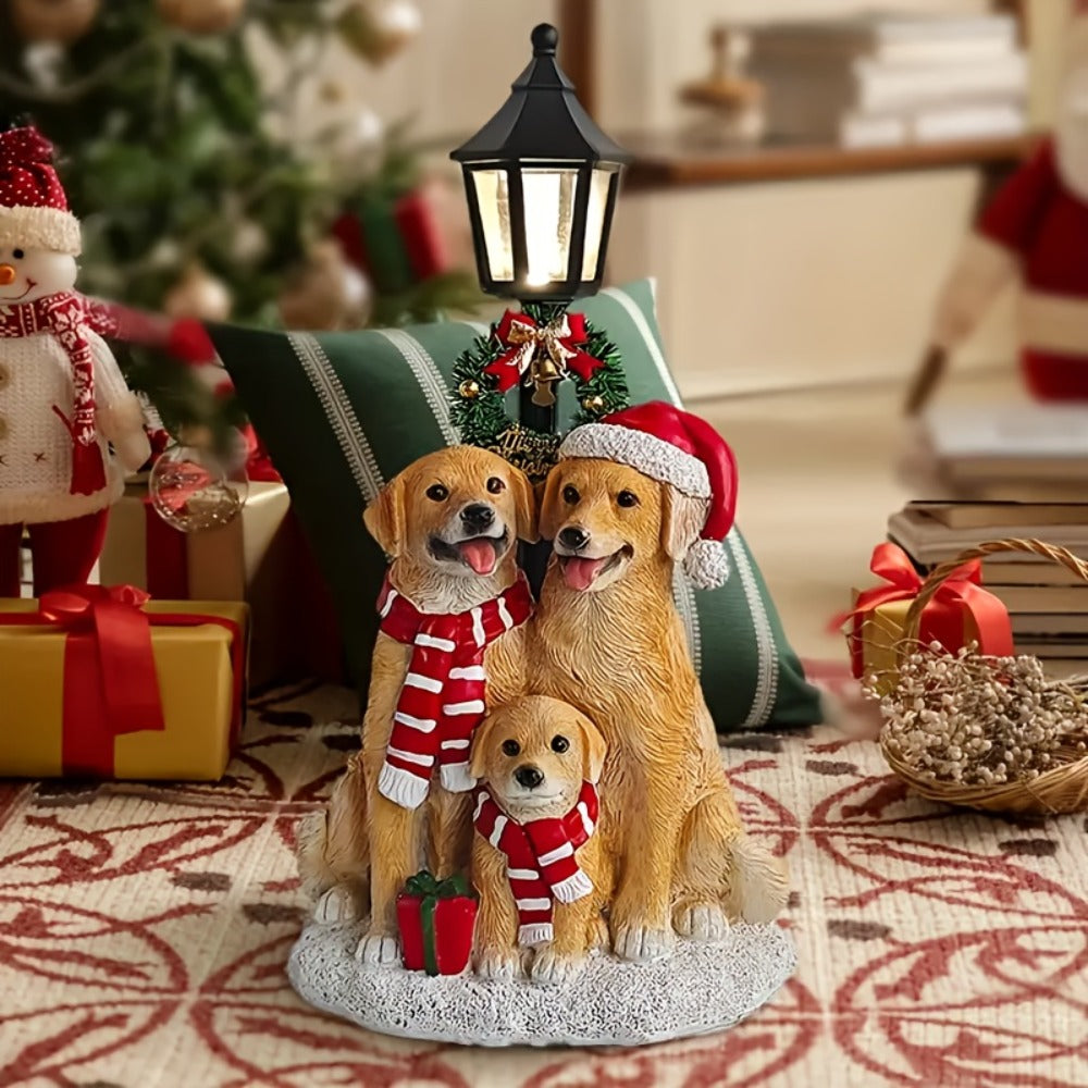 Golden Retriever Family LED Christmas Figurines - Realistic Resin Dog Statues with Santa Hats