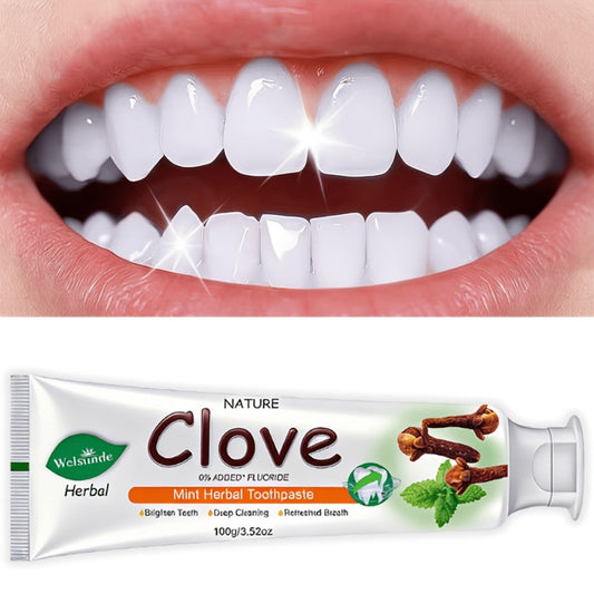 100g Mint and Clove Herbal Toothpaste Tube with Flip-Top Cap, Front-Label Ingredients and One-Piece Pack