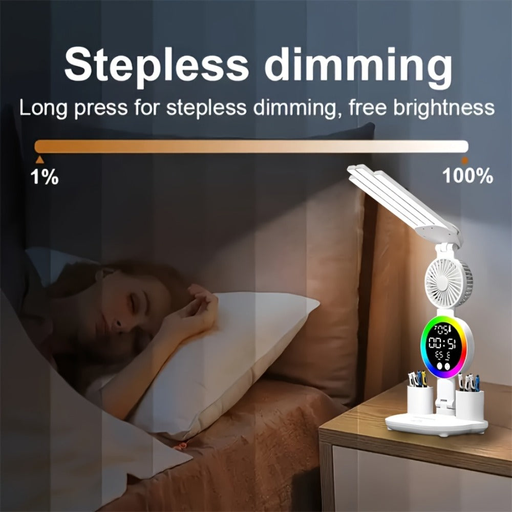 LED Desk Lamp with Built-in Fan & Touch Control, Dual Head Adjustable, USB Charging, 3 Color Modes Dimmable
