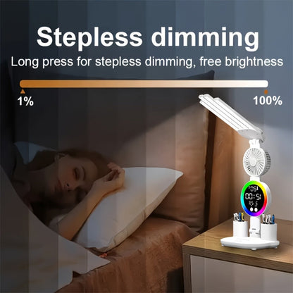LED Desk Lamp with Built-in Fan & Touch Control, Dual Head Adjustable, USB Charging, 3 Color Modes Dimmable