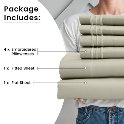 Fitted Sheet Set 6-Piece Brushed Polyester Deep Pocket Bed Sheets 20 Colors Hotel Luxury Bedding with Embroidered Pillowcases