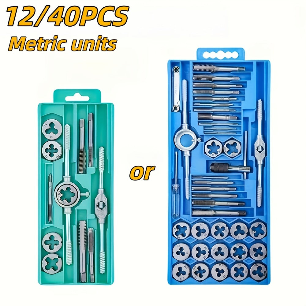 Metric Tap and Die Set 12pcs or 40pcs, M3-M12 Hand Thread Tapping Tool Kit with Plug Taps, Straight & Cone Reamers