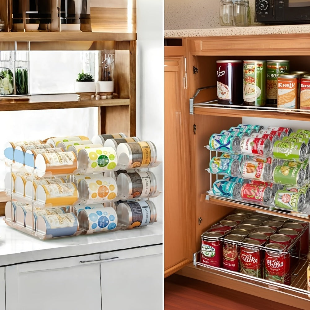 Can Storage Organizer 36-Can 3-Tier Auto-Rolling PET Rack with Assembly Detail for Pantry Use