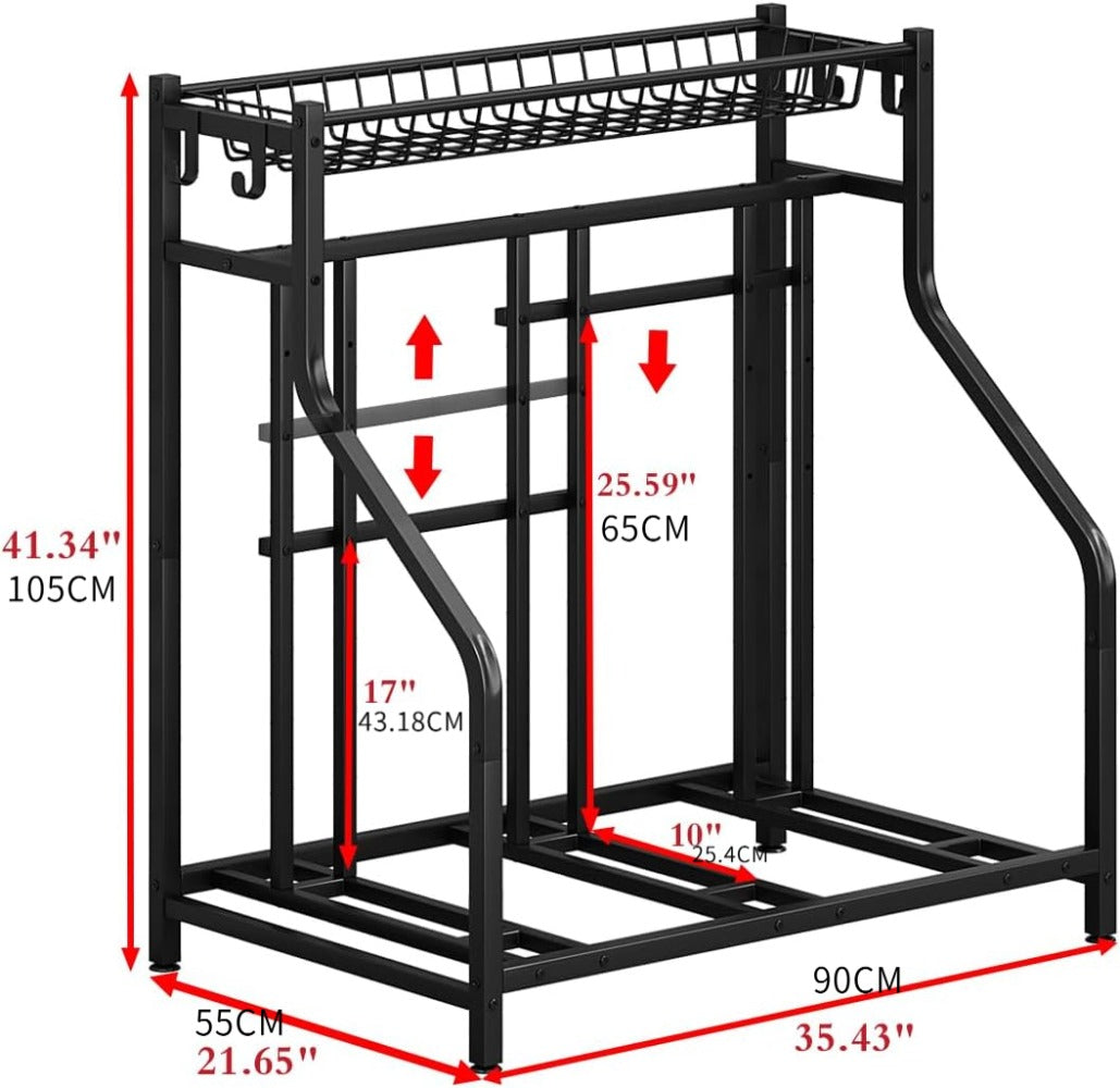 Freestanding Bike Storage Stand with Basket & Hooks, Adjustable Floor Rack for 3-4 Bikes, Indoor Outdoor Garage Organizer
