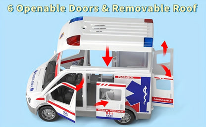 Ambulance Toy Playset for Kids Ages 3-8, Realistic Friction-Powered Emergency Vehicle with Flashing Lights & Siren Sound