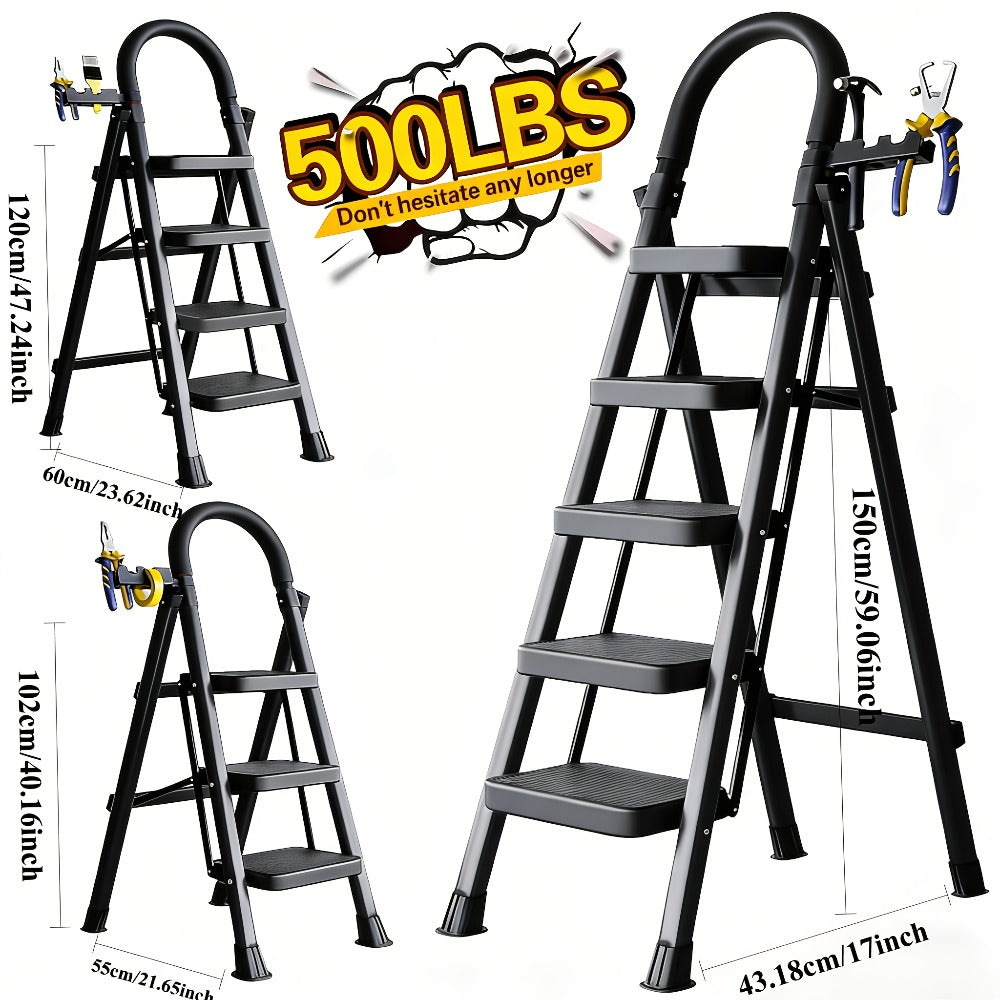 Folding Step Stool Ladder Steel with Anti-Slip Wide Treads & Handrails, Safety Lock, Portable Multi-Step Ladder for Home