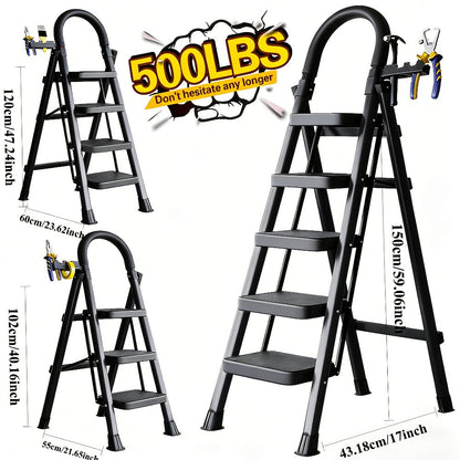 Folding Step Stool Ladder Steel with Anti-Slip Wide Treads & Handrails, Safety Lock, Portable Multi-Step Ladder for Home