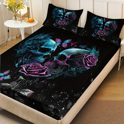 Gothic Skull Rose Fitted Sheet Set 3-Piece Halloween Bedding, HD Print Skull Flower Deep Pocket Fitted Sheet with 2 Pillowcases