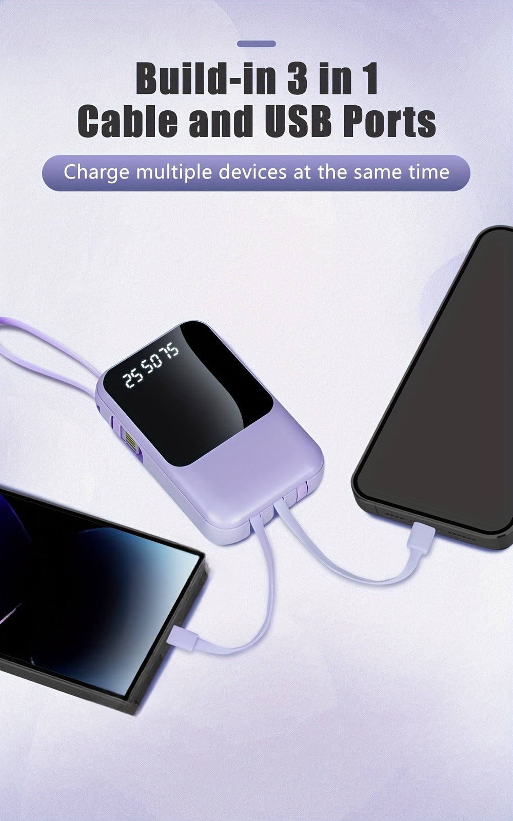 10000mAh Mini Power Bank 4 Built-In Cables Ultra-Bright LED Digital Display for an Everyday Personal Care Routine
