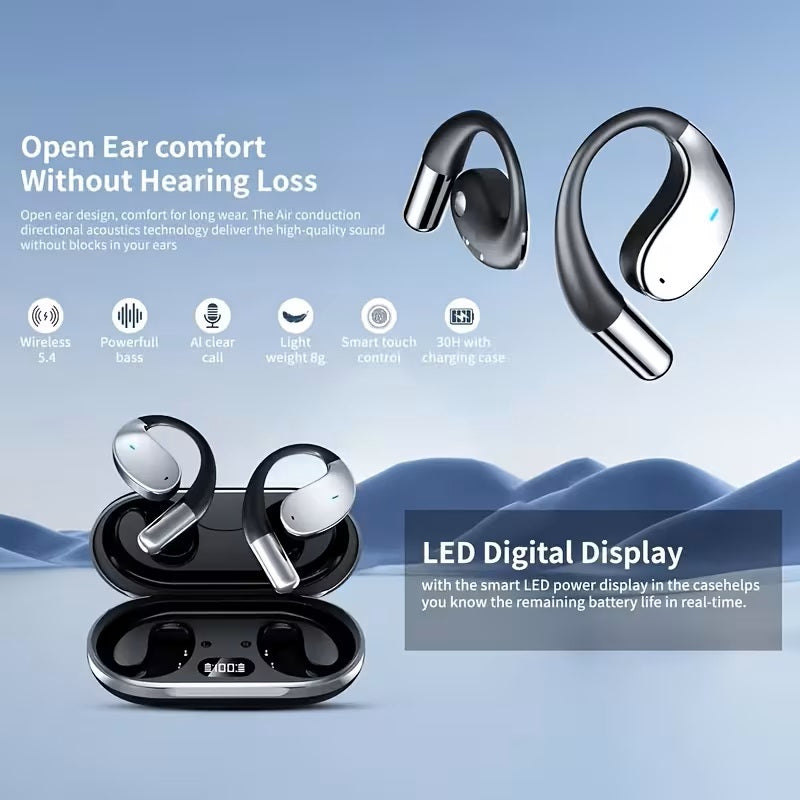 Bone Conduction Headphones Bluetooth 5.4 Open Ear Sport Earbuds 80H Battery LED Display Stereo for an Everyday Personal Care Routine