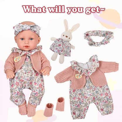 Floral Dress Baby Doll 12 Inch with Rabbit Plush Toy Gift Set, Realistic Vinyl Doll with Floral Outfit
