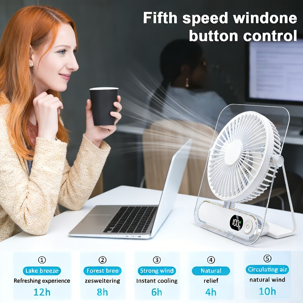 Portable USB Desktop Fan 3000mAh Battery, Ultra-Quiet 5-Speed Foldable Fan with 180° Adjustable Tilt and Digital Power Display