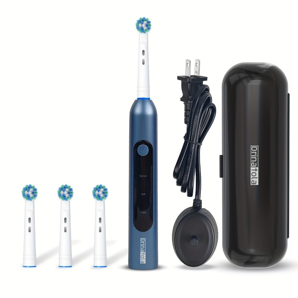Electric Toothbrush with 3 Rotating Cleaning Modes – Induction Charging, 4 Replacement Brush Heads, Travel Case Included