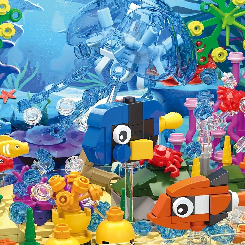 LED Aquarium Building Block Set, Fish Tank Marine Jellyfish Brick Model Kit with Glowing Light