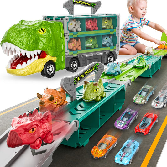 Dinosaur Truck Toys 13-in-1 Transport Carrier with 63-Inch Foldable Race Track, 6 Dino Cars + 6 Die-Cast Cars