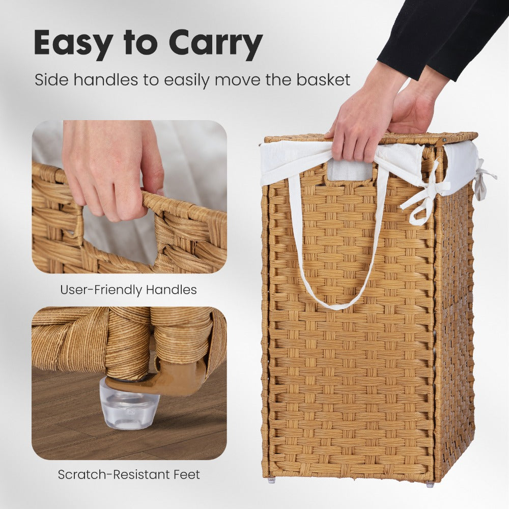 Woven Laundry Hamper with Hinged Lid, Removable Fabric Liner and Side Handles in Two Sizes and Brown or Gray
