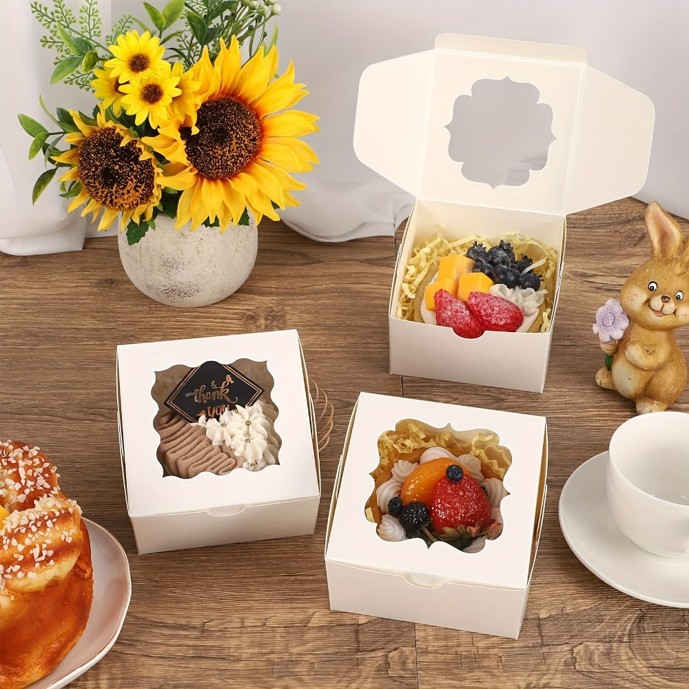 150-Pack White Treat Boxes with Scalloped Window, 4 x 4 x 2.5-Inch Size and Fold-Flat Design