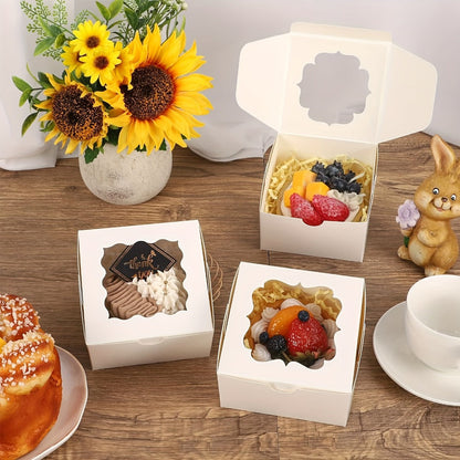150-Pack White Treat Boxes with Scalloped Window, 4 x 4 x 2.5-Inch Size and Fold-Flat Design
