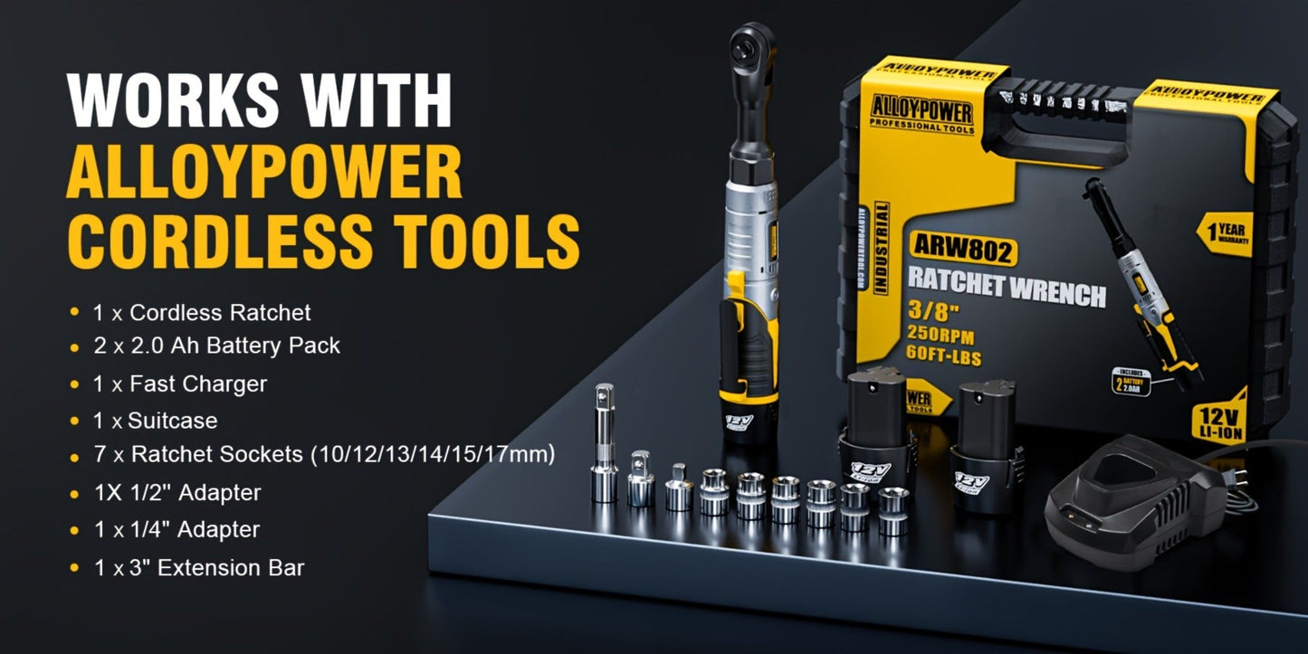 Cordless Electric Ratchet Wrench Set 3/8 Inch 12V 60 Ft-Lbs Power Ratchet Tool Kit with 2 Batteries
