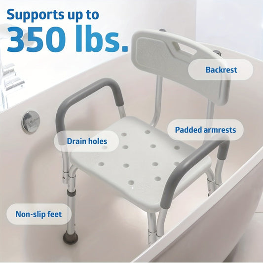 Height-Adjustable Shower Chair with Backrest, Padded Armrests, Drainage Seat and Four Rubber Feet