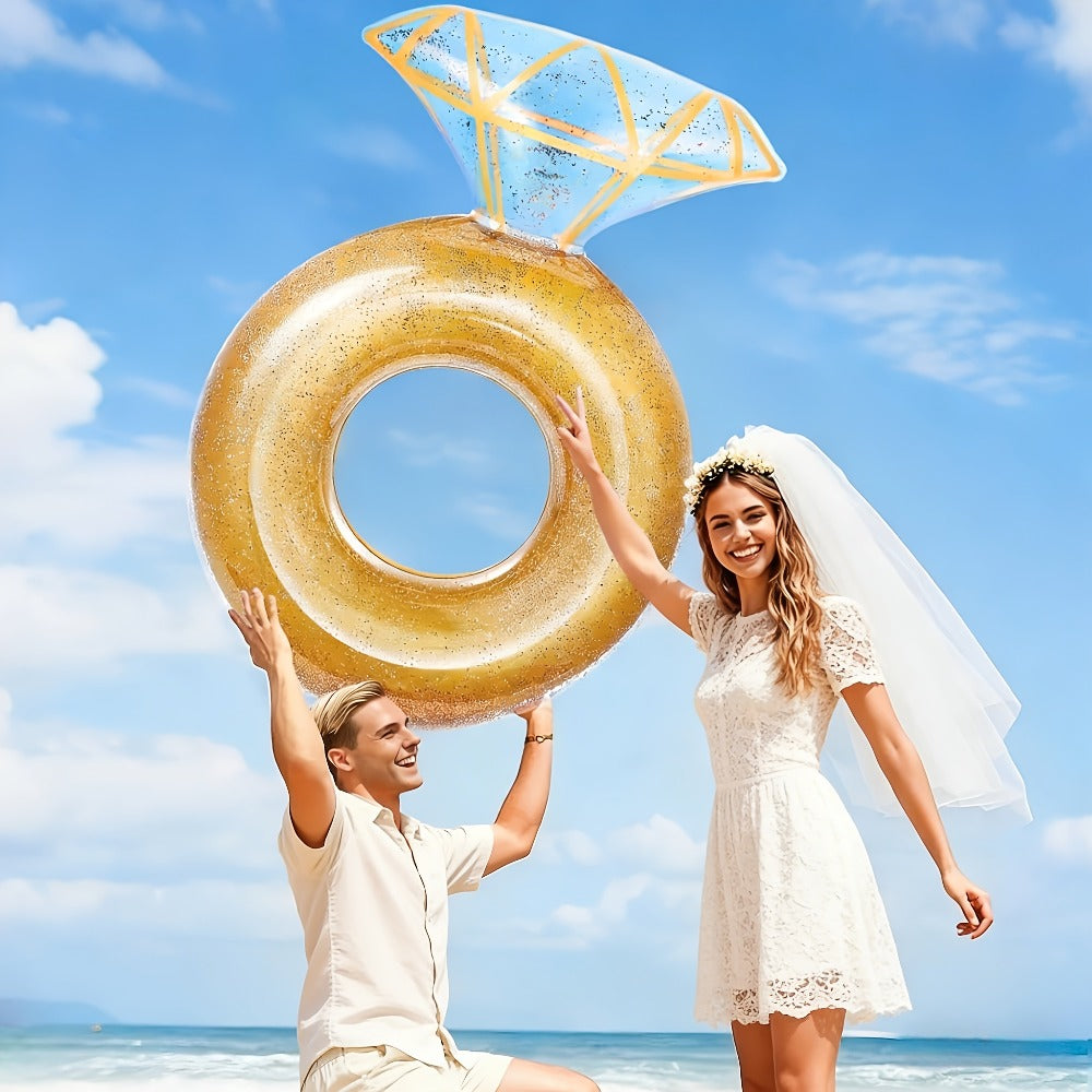 Giant Engagement Ring Pool Float, 49 x 31-Inch Inflatable in Gold, White or Pink for Bridal Pool Parties