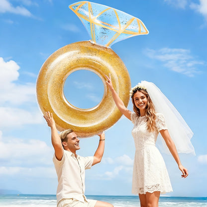 Giant Engagement Ring Pool Float, 49 x 31-Inch Inflatable in Gold, White or Pink for Bridal Pool Parties