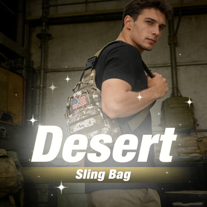 Compact Tactical Sling Backpack with Flag-Patch and Camo Options across Six Complete Checkout Styles