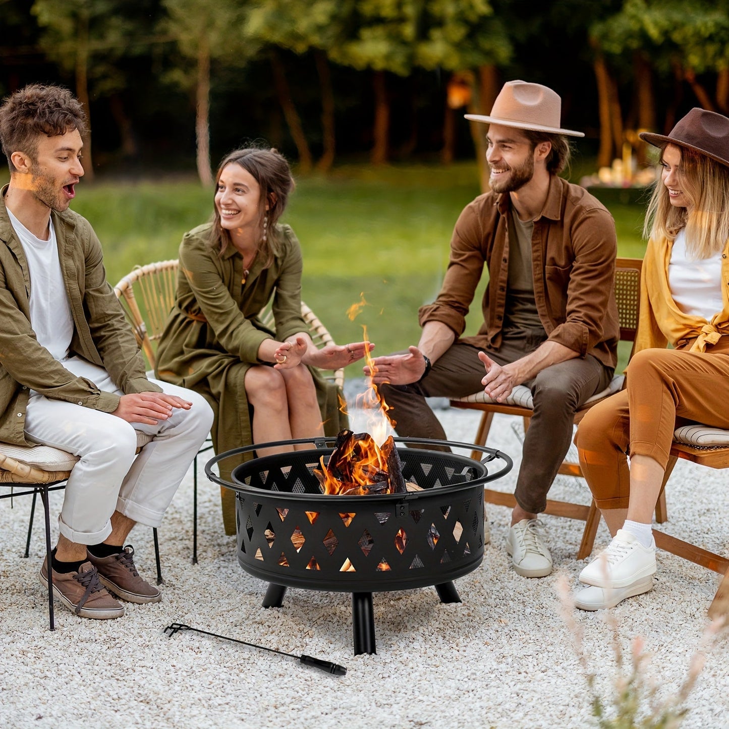 Square Fire Pit Table 32 Inch Metal Wood Burning Outdoor Fire Pit with Mesh Lid, Poker & Tabletop for Backyard Patio Garden Gatherings