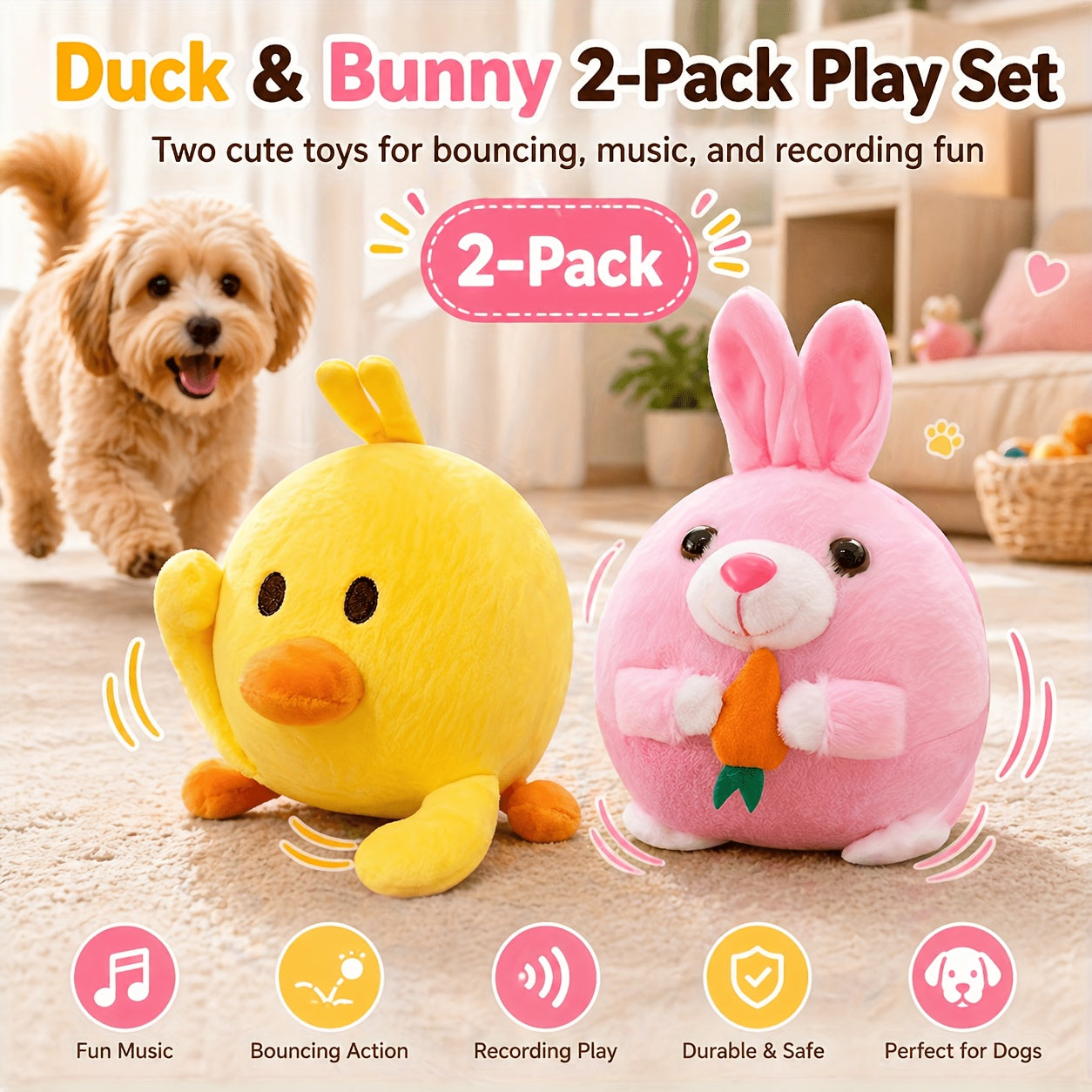 Electronic Bouncing Dog Toy with Animal Sound – USB Rechargeable Interactive Rolling Ball, Voice Recording & Music Mode