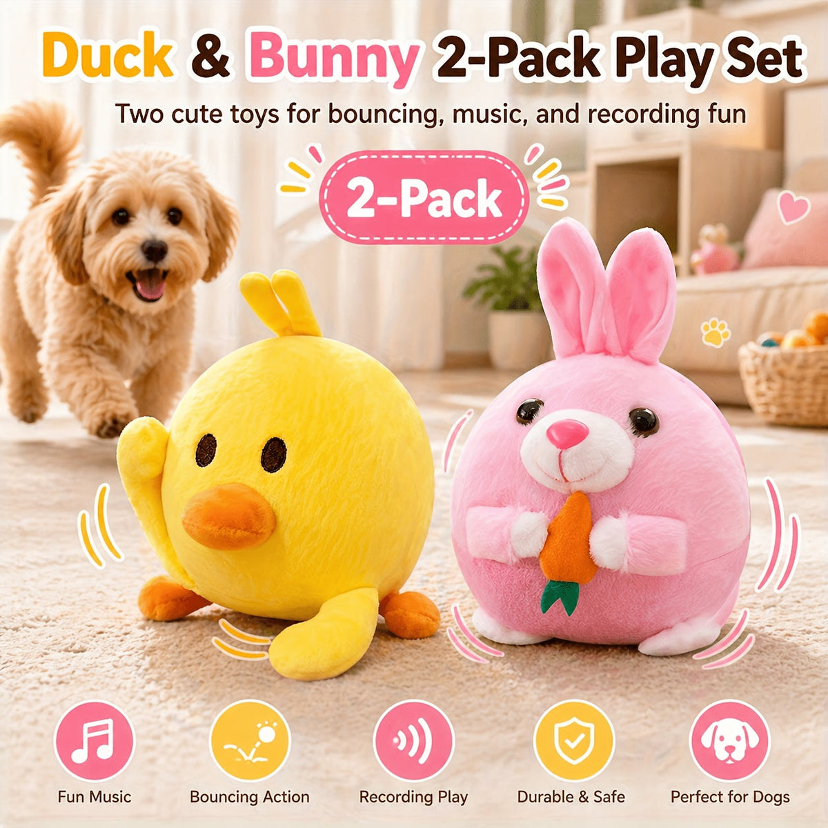Dog Toy USB-Rechargeable Bouncing Character with Voice Recording, Music and Animal Sound Modes