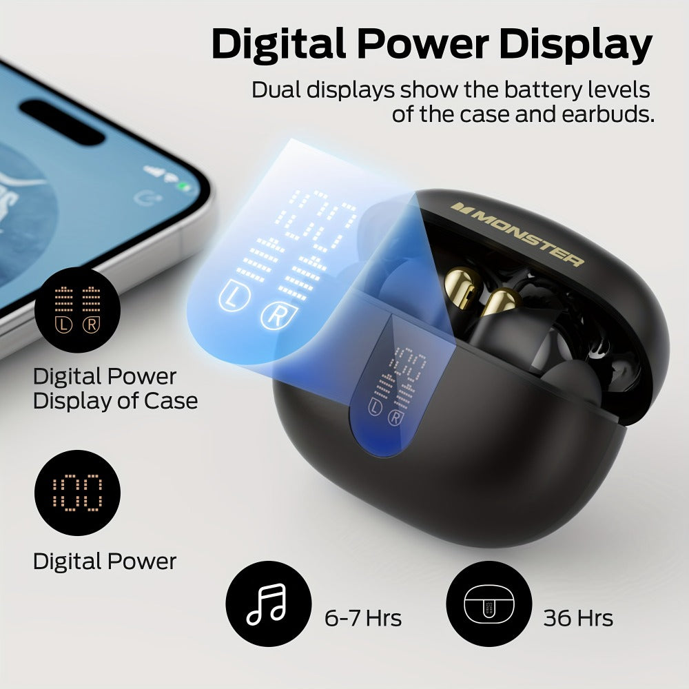 Wireless Earbuds Monster Sport In-Ear with Call Noise Reduction Mic and LED Display Case in Black