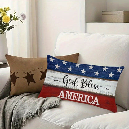 4th of July Throw Pillow Cover 12x20 Inch, God Bless America Patriotic Red White Blue Linen Cushion Case Star Pattern Distressed Wood