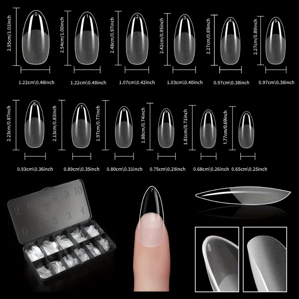Gel Nail Tips 600 Pieces Clear Crystal Full Cover Nail Extensions – Almond Oval Coffin Stiletto Square Short Medium Long Soft Gel False
