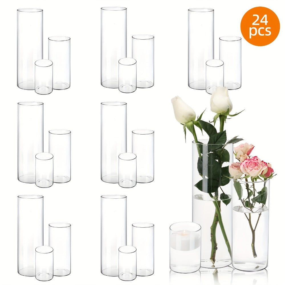 Clear Glass Cylinder Vases 24pcs Bulk Set – 4, 8, 12 Inch Tall Flower Vases for Centerpieces, Hurricane Floating Candle Holder for Wedding