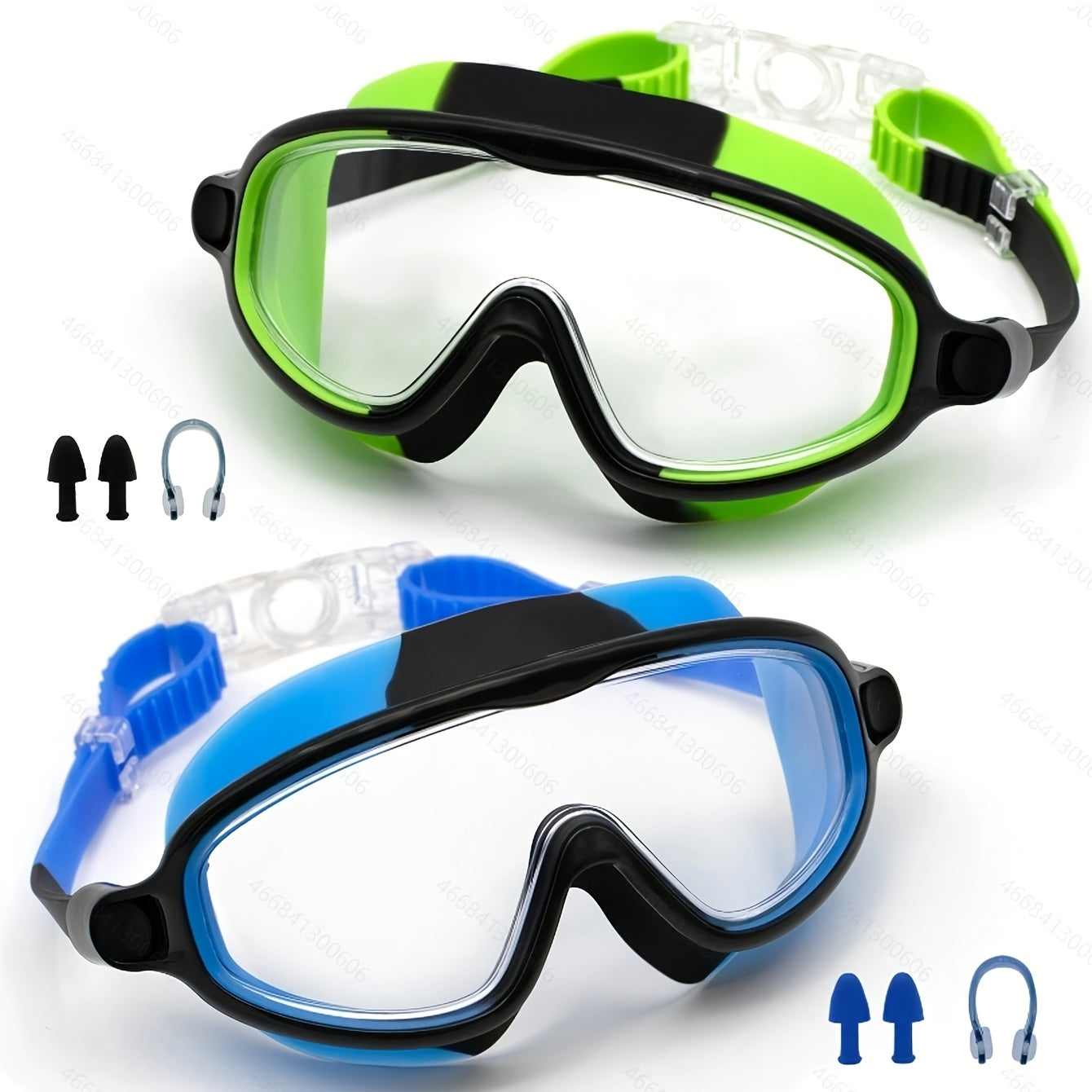 Two-Pack Clear-Lens Swim Goggles with Adjustable Side-Release Straps, Earplugs and Nose Clips