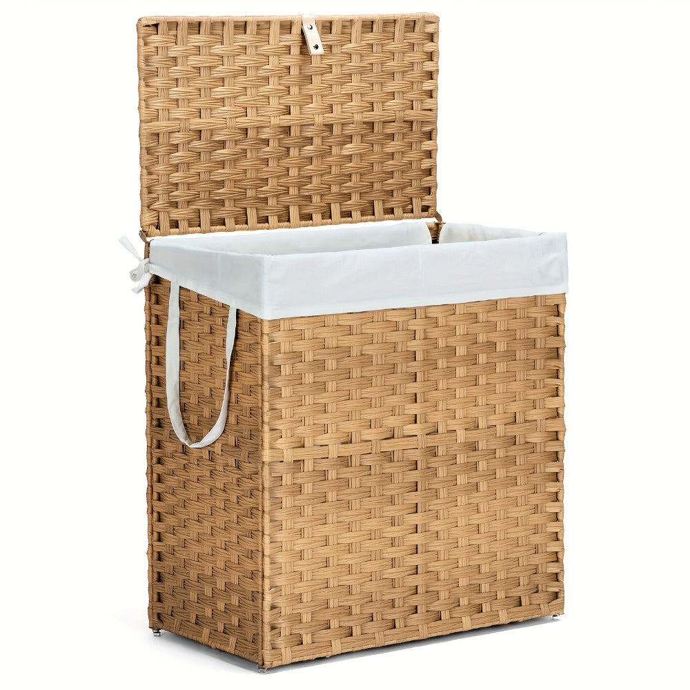 Lidded Woven Laundry Hamper with Removable Liner in Goose Yellow or Dove Gray and Two Capacity Labels