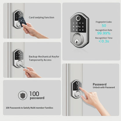 Smart Door Lock Deadbolt with Fingerprint PIN Key and Card or Cardless Black Silver Configurations