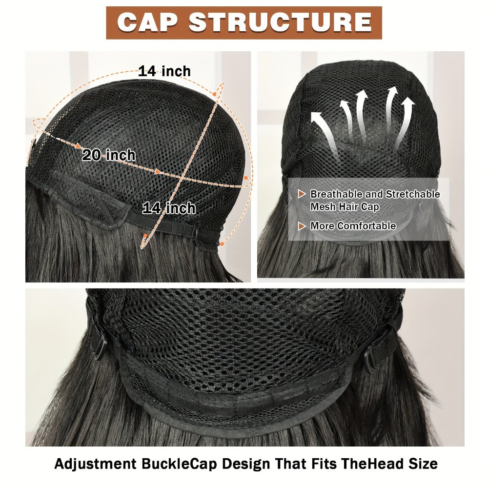 Synthetic Wig 26-Inch Black Straight Style with Full Bangs, Fiber and Machine Cap with Item-Specific Color, Length, Texture and Cap Choices