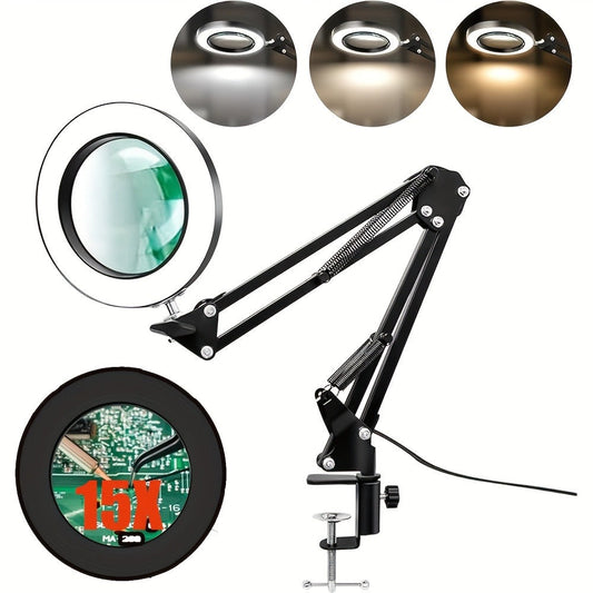 15X Magnifying Lamp with Clamp & Flexible Arm, USB LED Desk Light, 3 Color Modes 10 Brightness Levels