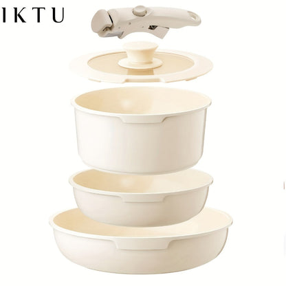Cookware Set IKTU 5-Piece Detachable-Handle Aluminum Pots and Pans in White, Pink, Beige or Coral Pink